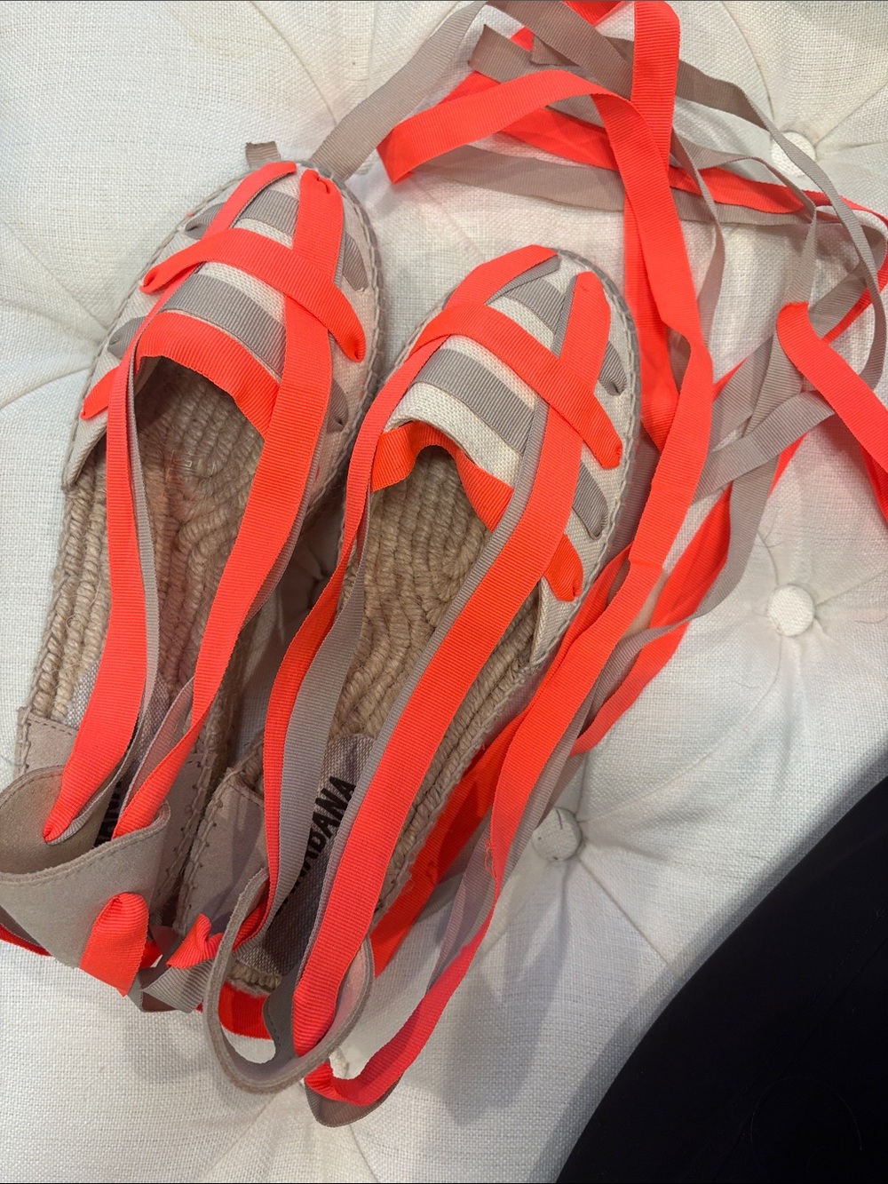 Neon Coral and Taupe Lace-Up Espadrilles